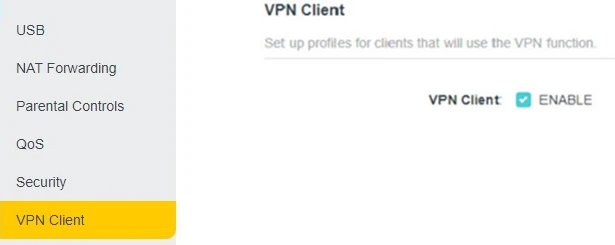 TP-Link Archer AX1800, Advanced tab, VPN Client item in the left menu, Enable ticked