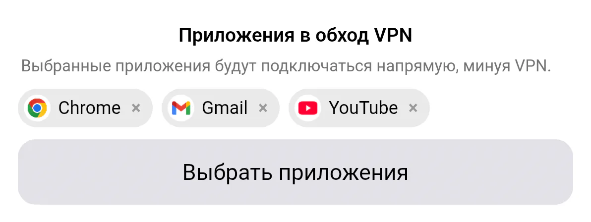 Окно «Раздельное туннелирование» на Android, блок «Приложения в обход VPN» с выбранными приложениями и кнопкой «Выбрать приложения»